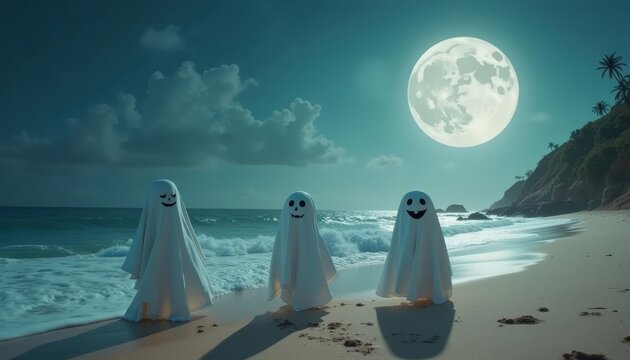 Ghostly trio under the moonlight on the beach - Powered by Adobe