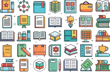 Book flat icon set Includes Reading, Library, Text, Pages, Knowledge and more. vector illustration.