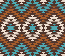 Bohemian long autumn Aztec diamonds brown teal Vector pattern. Southwesten Tribal Aztec kilim geometrics in cream, teal, cinnamon brown and dark brown seamless pattern.