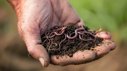 Close-up of a hand holding rich, dark soil with earthworms