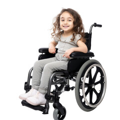 Full body portrait of smiling preschool girl looking at camera while sitting on disabled wheelchair and isolated on transparent background. Children with disabilities concept.