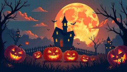  Spooky Halloween scene with jackolanterns and haunted house under full moon