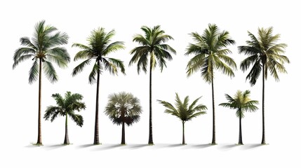 Diverse collection of tropical palm trees against a white background.