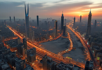 Fototapeta premium Panoramic views of modern advanced metropolis with business centers and highways at dawn.
