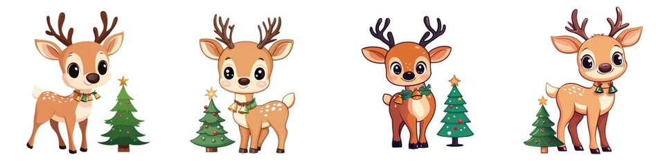 Obraz premium Charming cartoon deer character designs with festive trees, perfect for holiday-themed projects and cheerful decorations.