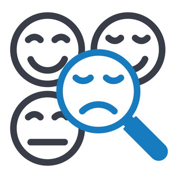 Emotion Recognition Icon. Showcases a magnifying glass analyzing different facial expressions,  the concept of emotion analysis. Flat illustration. 