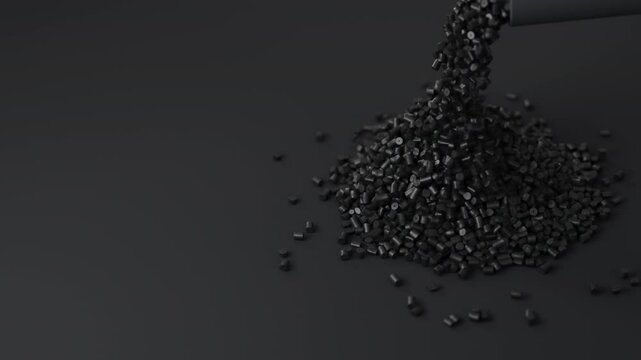 Black plastic polypropylene granules pouring from cup on a pile of granules, masterbatch polymer grain on black backdrop. HDPE or PVC resin pellets. 3d render animation