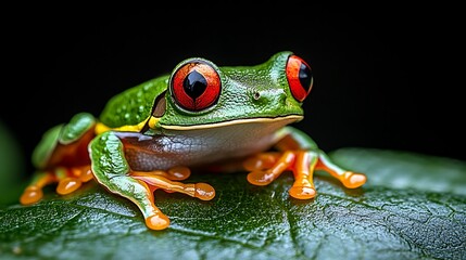 Fototapeta premium Red-eyed tree frog sitting on a green leaf.