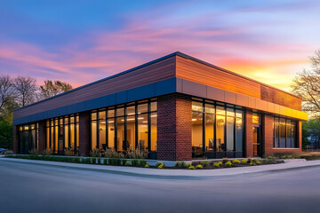 Obraz premium A contemporary dental clinic features a blend of brick and wood with expansive windows, all set against the backdrop of a beautiful sunset