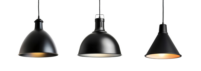 set of modern black hanging lamps isolated on white or transparent png