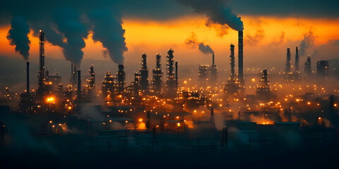 Industrial Sunset - Oil Refinery Photo at Dusk with Smoke, Towers, and Lights