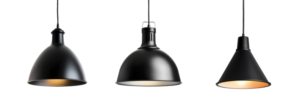 set of modern black hanging lamps isolated on white or transparent png