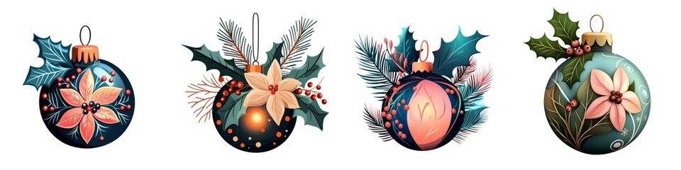 Colorful Christmas ornaments featuring flowers and holly, perfect for holiday decoration and festive themes.