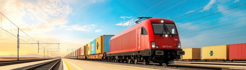 Obraz premium High-speed freight train carrying containers, logistics network, 3D illustration