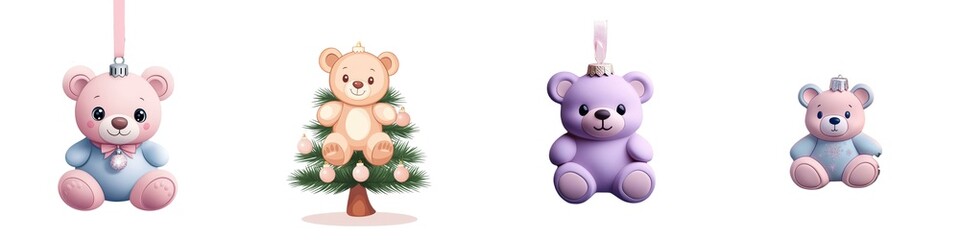 Obraz premium Cute teddy bear ornaments in pastel colors, perfect for holiday decorating and adding a playful touch to any festive setting.