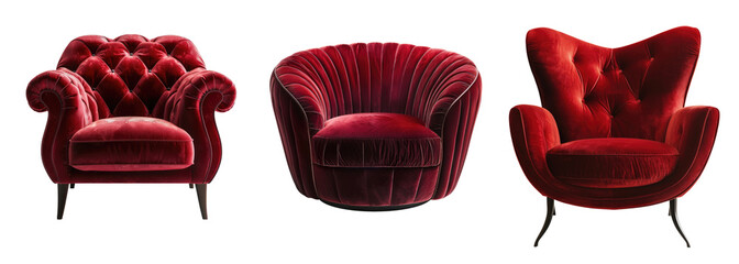 dark red modern armchairs isolated on white or transparent png