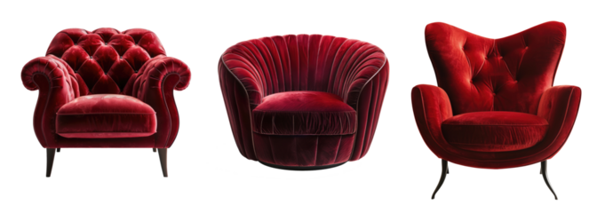 dark red modern armchairs isolated on white or transparent png