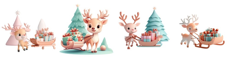 Naklejka premium Cute reindeers with sleighs full of gifts celebrate the holiday season amidst Christmas trees and festive joy.