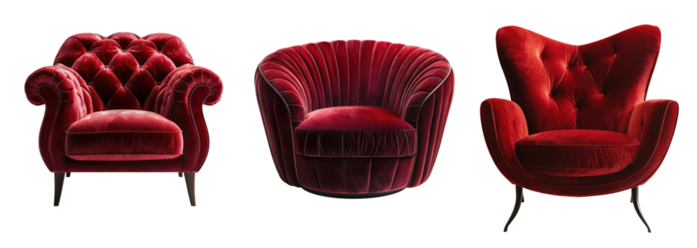 dark red modern armchairs isolated on white or transparent png