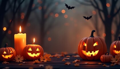  Spooky Halloween scene with glowing jackolanterns and candlelight