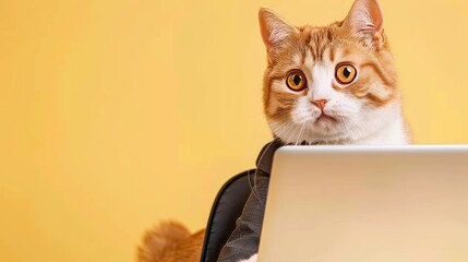 Curious Ginger Cat in Black Shirt Focused on Laptop Screen, Remote Work or Online Learning Concept
