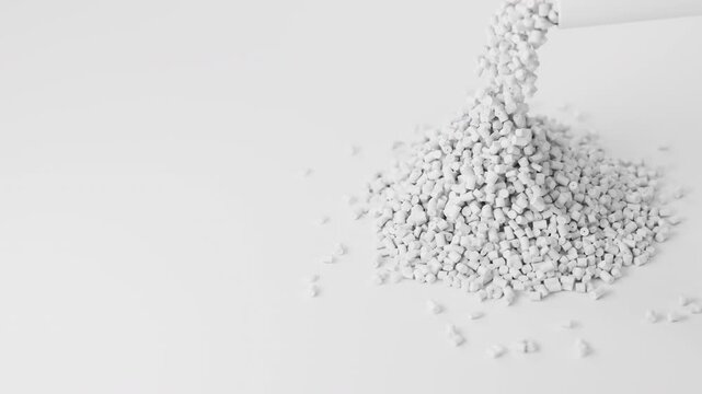 White plastic polypropylene granules pouring from cup on a pile of granules, masterbatch polymer grain on white backdrop. HDPE or PVC resin pellets. 3d render animation