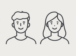 Two minimalist line art icons, one of an adult male and the other for a female icon with a grey background. Both should have short hair and be facing forward.