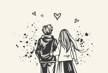 Young couple in love on abstract watercolor background. Digital painting. happy valentines day line art