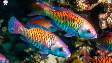 Fototapeta premium A school of vibrant, colorful fish swim among coral reefs.