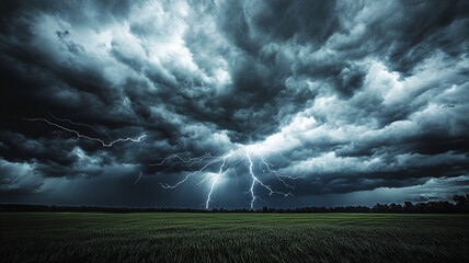 Intense Lightning Storm Over Green Field with Dark Cloudy Sky