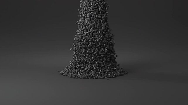 Black plastic polypropylene granules pouring into glass cup, masterbatch polymer grain on black backdrop. HDPE or PVC resin pellets. 3d render animation