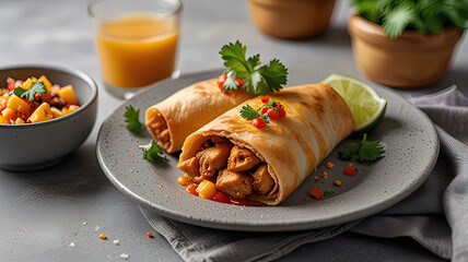 Delicious dish in restaurant, Chimichangas with chicken and cheese, crispy and cheese plate, beautiful table setting with white background and free copy space