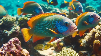 A school of colorful fish swimming in a coral reef.