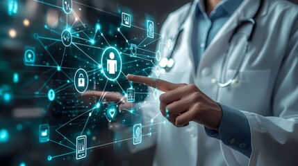 A male healthcare professional interacting with digital health technology.