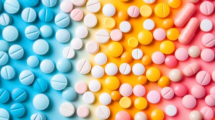 Assorted medicine pills and capsules in bright colors, laid out on a minimalist background, ideal for healthcare promotions
