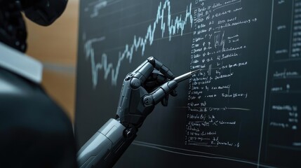 Robot arm writing trading algorithms on a virtual blackboard, programming, algorithm creation for automated trading