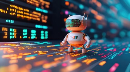 Robotic algorithm coding itself, surrounded by financial data streams, self-learning AI, autonomous financial algorithms