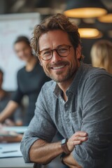 Fototapeta premium Smiling man with glasses sitting confidently in a modern office setting while engaging with colleagues