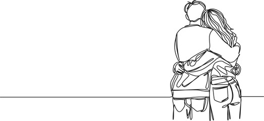 continuous single line drawing of couple hugging, rear view of man and woman, line art vector illustration