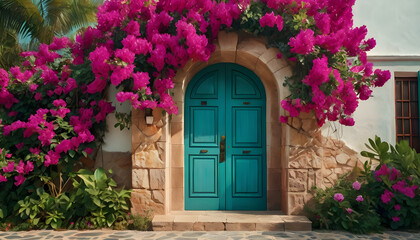 A rustic wooden door surrounded by vibrant fuchsia and purple bougainvillea flowers cascading over the frame, a stunning contrast against the muted teal welcoming entrance summer vibes, colorful