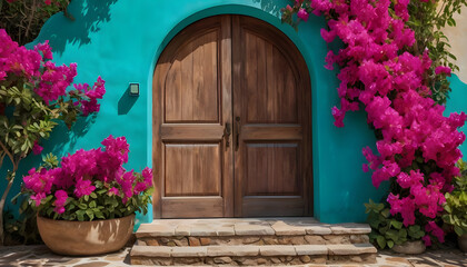 A rustic wooden door surrounded by vibrant fuchsia and purple bougainvillea flowers cascading over the frame, a stunning contrast against the muted teal welcoming entrance summer vibes, colorful