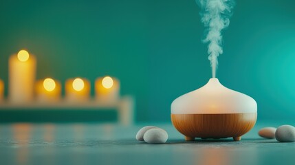 A relaxing aromatherapy session with a close-up of essential oils and a diffuser in a spa room.
