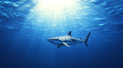 Fototapeta premium A great white shark swims through the deep blue ocean, sunlight filtering down from above.