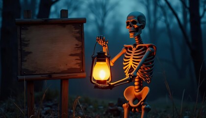  Eerie night scene with a skeleton holding a lantern