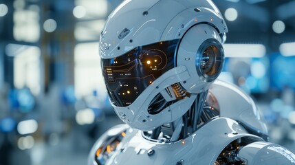 The high-tech office, Accentuate the AI atmosphere with a sleek robot and holographic interface