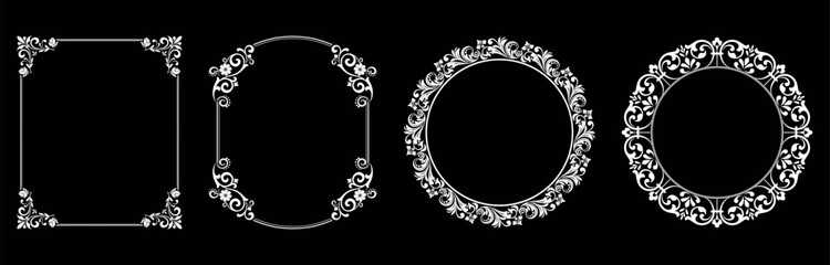 Set of decorative frames Elegant vector element for design in Eastern style, place for text. Floral black and white borders. Lace illustration for invitations and greeting cards.