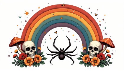  Rainbow arch with skulls and flowers a vibrant and whimsical illustration