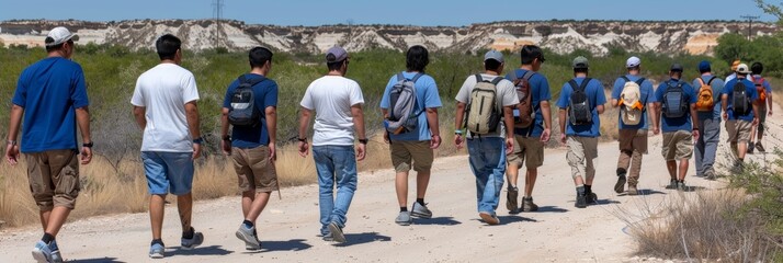 Obraz premium Group Of Friends Hiking On Sunny Summer Day, Exploring The Outdoors And Enjoying Nature