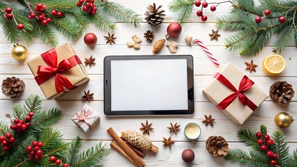 Festive arrangement of holiday gifts, pinecones, and ornaments surrounding a tablet on a rustic wooden background.