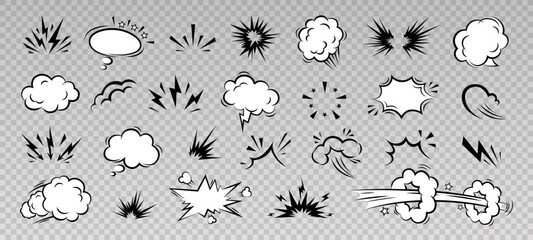 Hand drawn anime manga doodle line elements set. Collection of graphic effects for character emotion, speech bubble. Vector illustration of express shape, anime movement on transparent background 